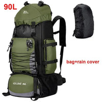 Green 90L outdoor travel backpack with rain cover included, featuring durable construction for hiking and camping trips.