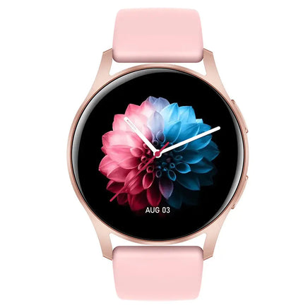 Rose gold smart bracelet with a pink strap, displaying a vibrant floral watch face design.