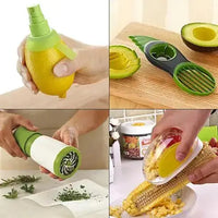 Essential Kitchen Five Gadget Bundle showcasing tools for slicing avocados, zesting lemons, grinding herbs, and removing corn kernels.