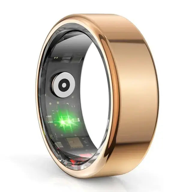 Gold multifunctional health tracker ring with sleek design and advanced sensors for monitoring health and activity levels.