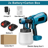 Wireless paint sprayer with two rechargeable batteries, charger, user manual, and carton box. Ideal for efficient and portable painting tasks.