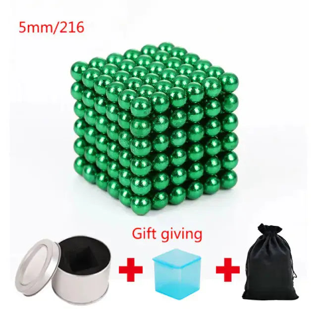 Green magnetic metal balls in a 5mm cube set of 216 pieces, with a storage tin, gift box, and pouch included.