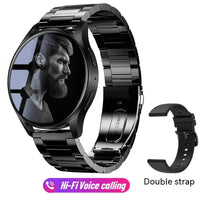 Black metal strap smartwatch with a double strap option, featuring Bluetooth calling and a customizable display.