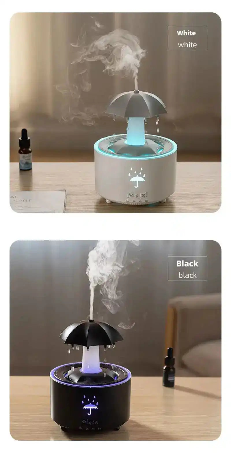 White and black Raindrop Aromatherapy Humidifiers with LED lighting, creating a calming atmosphere with essential oil diffusi