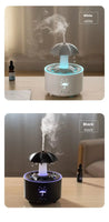 White and black Raindrop Aromatherapy Humidifiers with LED lighting, creating a calming atmosphere with essential oil diffusion.