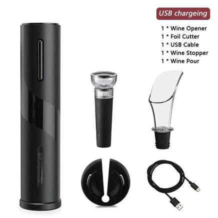 USB rechargeable black wine opener set with foil cutter, wine pourer, stopper, and USB cable for versatile and modern use.