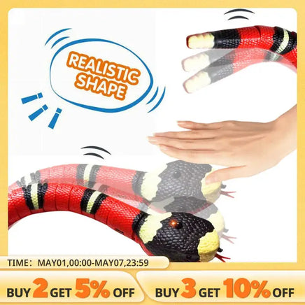 Promotional banner for the electronic snake toy, highlighting its realistic shape and special discounts for bulk purchases.