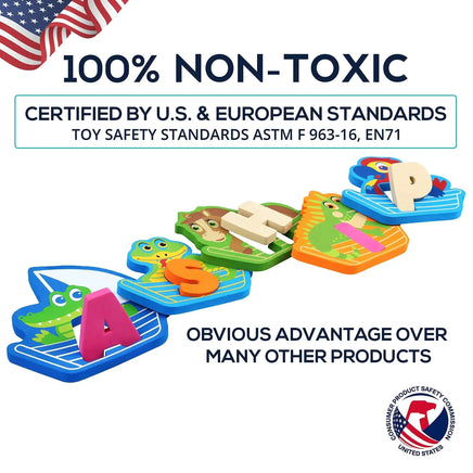 Non-toxic foam bath toys certified by U.S. and European safety standards, featuring colorful letters and animal designs for safe play.