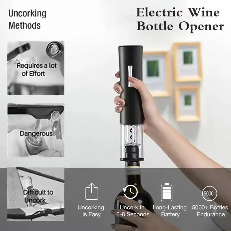 Electric wine bottle opener in use, highlighting its ease of operation, long-lasting battery, and ability to uncork bottles q