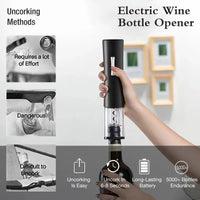 Electric wine bottle opener in use, highlighting its ease of operation, long-lasting battery, and ability to uncork bottles quickly.