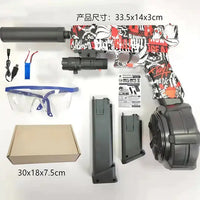 Graffiti-themed automatic airsoft gun toy set with goggles, magazines, and a charger, ideal for kids' shooting activities.