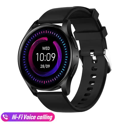 Black Bluetooth calling smart bracelet with a sleek design, showing time and date on a colorful display.