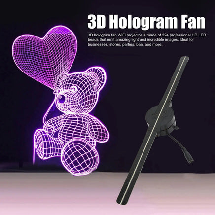 3D Hologram Fan projecting a 3D bear with heart balloon using HD LED technology. Perfect for business advertising, events, and marketing visuals.