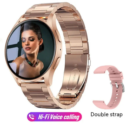 Rose gold metal strap smartwatch with a double strap option, featuring Bluetooth calling and a customizable display.