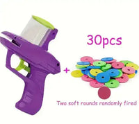 Purple Interactive Cat Toy Launcher with 30 colorful foam discs. Designed for fun and safe indoor entertainment for cats.