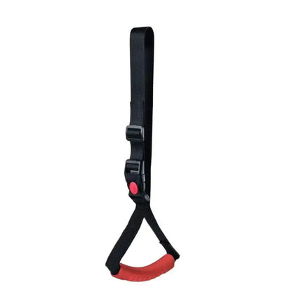 Black and red vehicle handle with an adjustable strap for elderly assistance. Provides a secure grip for easier car access.