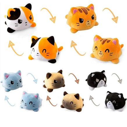 Collection of double-sided plush toys featuring various animal designs with reversible expressions. Available at Shop Name.