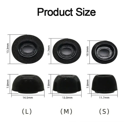 Product size chart for memory foam ear tips for Apple AirPods Pro, showing dimensions for small, medium, and large sizes.