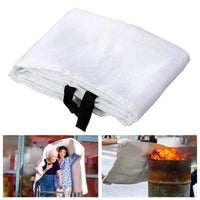 Folded white Fire Blanket Emergency Fiberglass Cloth with black straps, displayed with images of fire suppression and emergency protection.