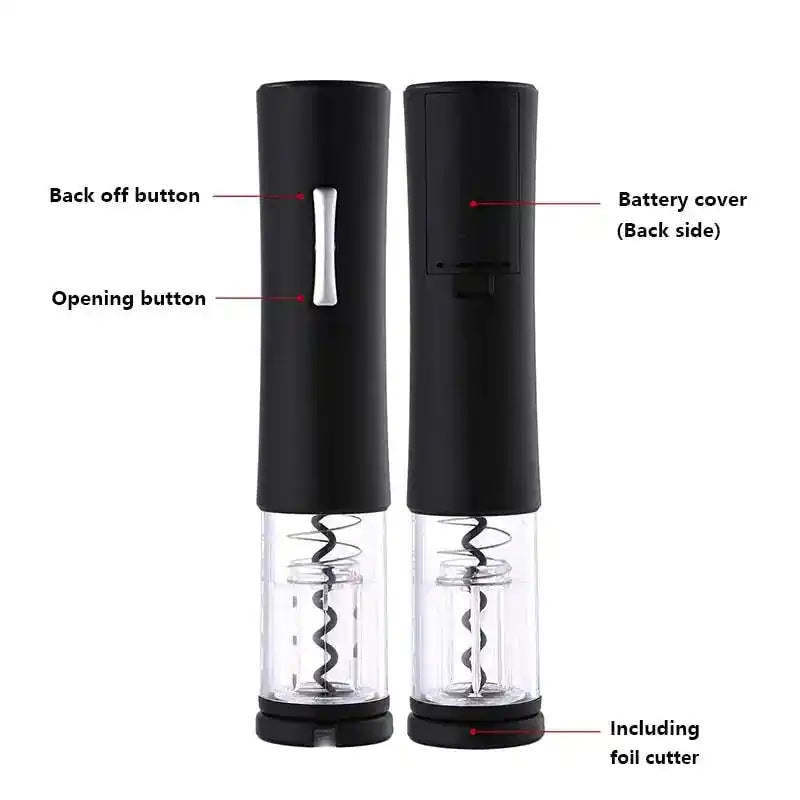 Black electric wine opener with labeled features, including back-off button, opening button, and foil cutter for user conveni