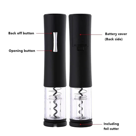 Black electric wine opener with labeled features, including back-off button, opening button, and foil cutter for user convenience.