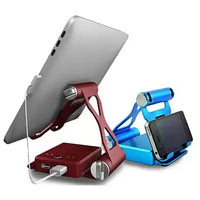 Podium style stand with extended battery in red and blue, supporting iPad and smartphone with adjustable angles and USB charging ports.