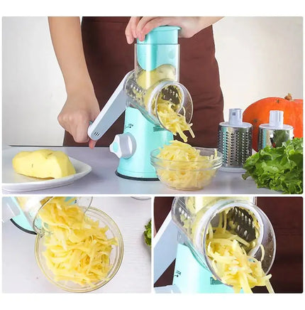 Person using a blue vegetable cutter kitchen gadget to shred potatoes into a bowl, with additional blades and fresh vegetables nearby.