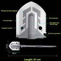 Detailed view of the outdoor folding military shovel showcasing features like sawtooth edge, hexagon wrench, and rope-cutting blade.