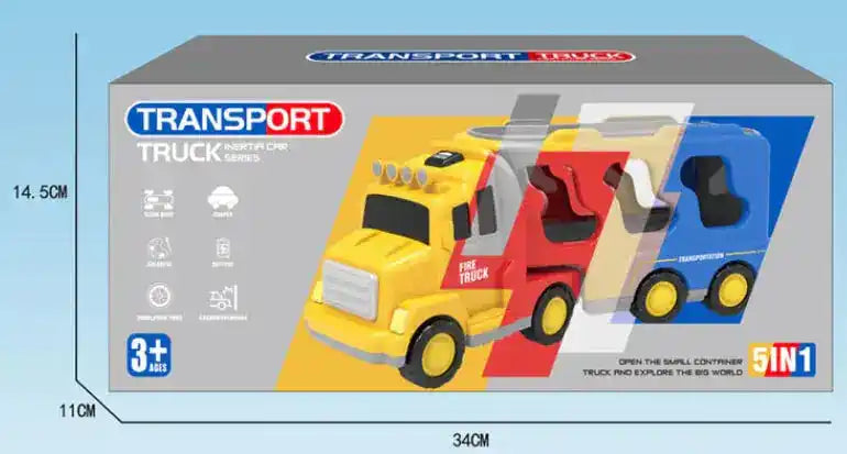 Packaging of transport truck toy set featuring blue and red truck designs. Includes multiple vehicles for kids aged 3 and up.