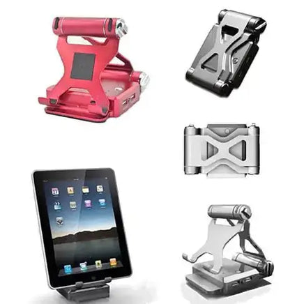 Red podium style stand with foldable design, adjustable angles, and USB charging ports for tablets and smartphones.