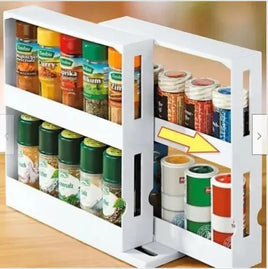 Double Layer Rotating Spice Rack with multiple spice jars, showcasing its sliding and rotating design for efficient kitchen organization.