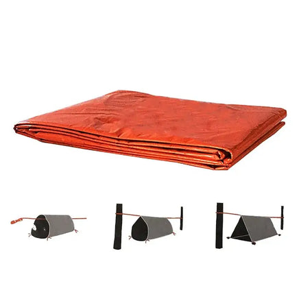 Folded orange emergency tent with setup examples for various configurations. Lightweight and portable for survival and outdoor use.