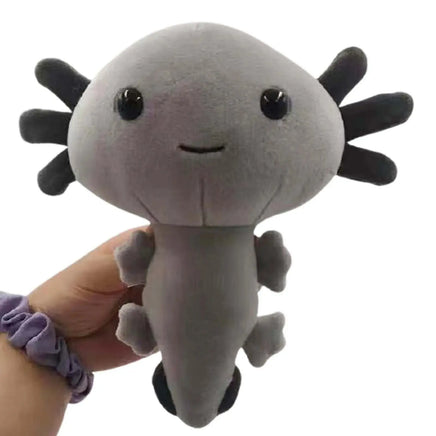 Gray anime axolotl plush toy with black gills, soft and cuddly design for kids and anime enthusiasts.