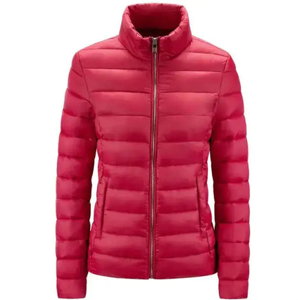 Simple Women's Stand-up Collar Puffer Jacket in vibrant red with zip-up front and horizontal quilting, offering timeless warmth and minimalist style.