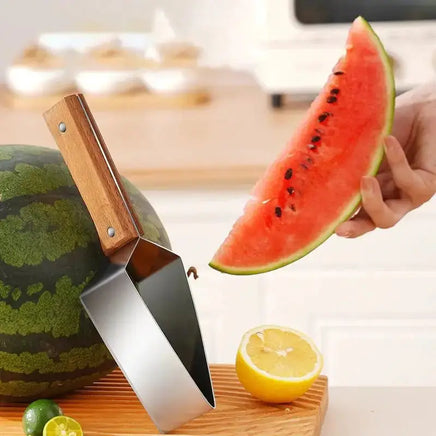 Watermelon splitter with a wooden handle and stainless steel blade, holding a freshly cut watermelon slice, perfect for kitchen use.