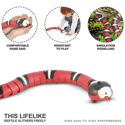 Features of the electronic snake toy for cats, including lifelike slithering, durable build, and high-quality materials for interactive play.