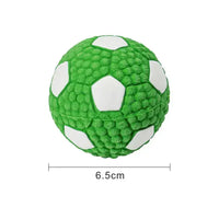 Green squeaky dog toy shaped like a soccer ball with a 6.5cm diameter, designed for interactive pet play and entertainment.