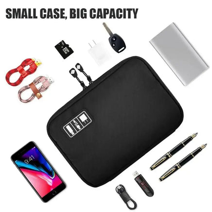 Black gadget organizer bag displayed with accessories like pens, cables, and a phone, highlighting its storage capacity.