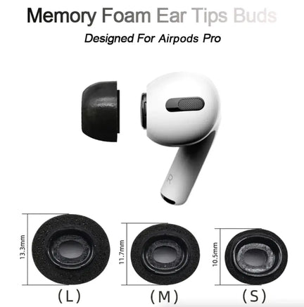 Memory foam ear tips for Apple AirPods Pro with size options (L, M, S), designed for a secure fit and enhanced listening experience.