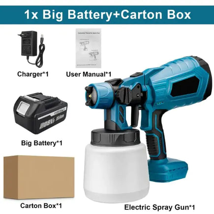 Wireless paint sprayer with a big battery, charger, user manual, and carton box. A portable, efficient tool for smooth painting projects.