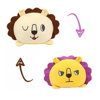 Lion double-sided plush toy with reversible winking and angry expressions. Cute and cuddly from Shop Name.