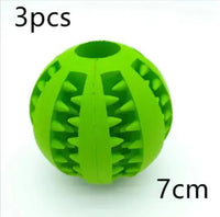 Green interactive rubber slow feeder dog ball, 7cm in size, sold in a 3-piece set for treat dispensing and chewing.