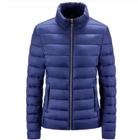 Simple Women's Stand-up Collar Puffer Jacket in navy blue with zip-up front and horizontal quilted design. A lightweight, windproof winter coat for casual wear.