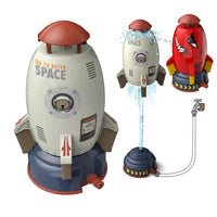 Rocket Launcher Toys with water spray feature, showcasing a space-themed design and faucet connection for outdoor play.