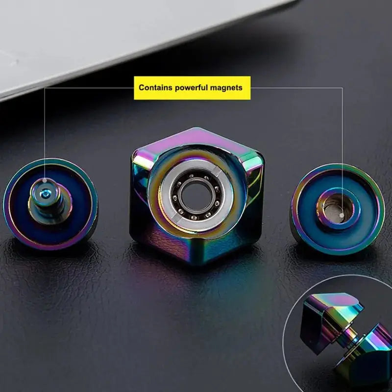 Disassembled rainbow fidget spinner cube with visible magnetic components, showcasing its versatility and stress-relief functionality.