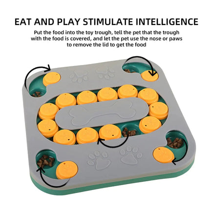 Interactive dog puzzle toy with labeled instructions for hiding treats, promoting intelligence and engagement during play.