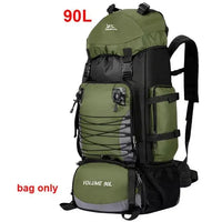 Green 90L outdoor travel backpack with spacious compartments and mesh side pockets, designed for hiking and camping enthusiasts.