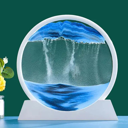 Moving Sand Art Picture Frame showcasing purple sand forming serene patterns in a circular frame with a white base, set against a green background.