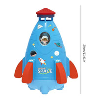 Blue Rocket Launcher Toy with space-themed graphics, featuring water spray functionality and faucet connection for outdoor fun.