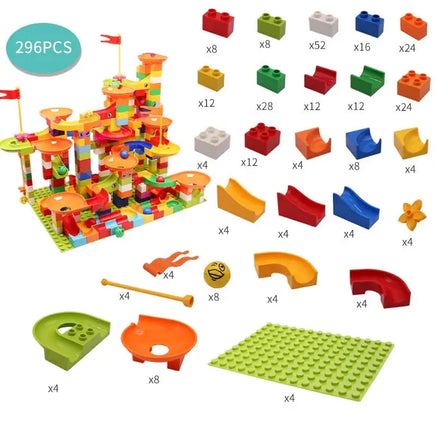 296-piece marble race run block toy set with colorful building blocks, slides, and baseplate for creative construction play.